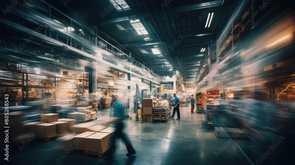 workers blurred warehouse interior