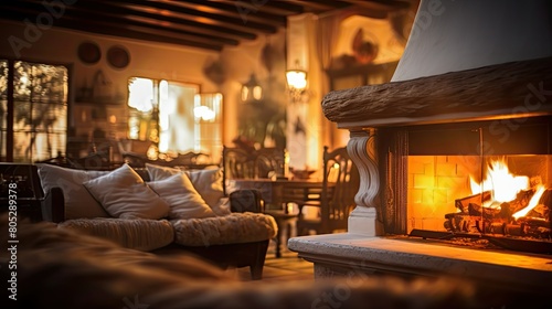 fireplace blurred spanish style home interior © vectorwin
