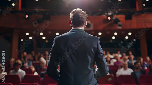 Man in Business Suit Giving Presentation to Audience on Stage