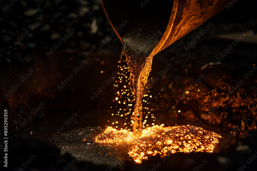 The stark beauty of molten metal being poured at night, the darkness amplifying the spectacle of light and heat The stark beauty of molten metal being poured at night, the darkness amplifying the spectacle of light and heat