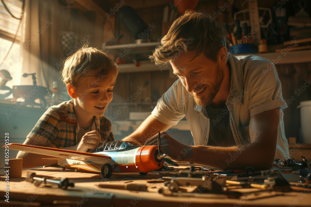 Heartwarming scene captures a father and son engaged in creating a wooden model airplane, exemplifying the joy and connection of shared hobbies in a cozy workshop setting Heartwarming scene captures a father and son engaged in creating a wooden model airplane, exemplifying the joy and connection of shared hobbies in a cozy workshop setting