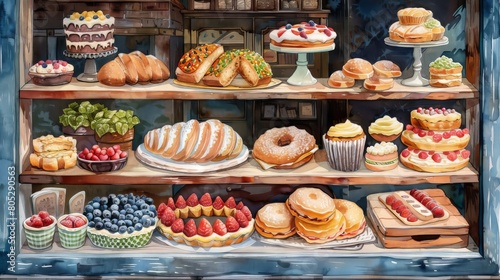 A variety of cakes, breads, and pastries are displayed in a bakery window.