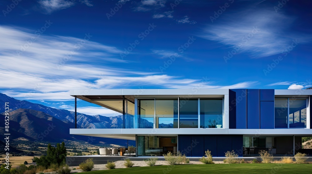 mountains blue sky house