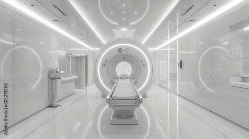 High-tech modern medical imaging room with a MRI machine and futuristic design