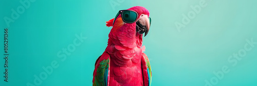 a pink parrot wearing sunglasses at the edge of a turquoise background, in the style of photobash, advertising art, innovative, animals and people, wimmelbilder,  photo