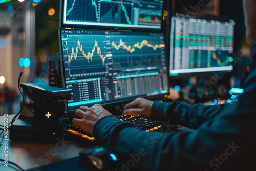Trader executing trades on a multi-screen trading setup, close-up on the intense focus and rapid movements   photo