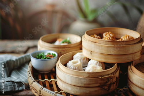 Traditional Chinese dim sum presented in bamboo steamers 
