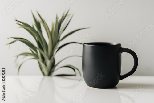 Sleek black mug with matte finish, simple yet sophisticated, against white backdrop