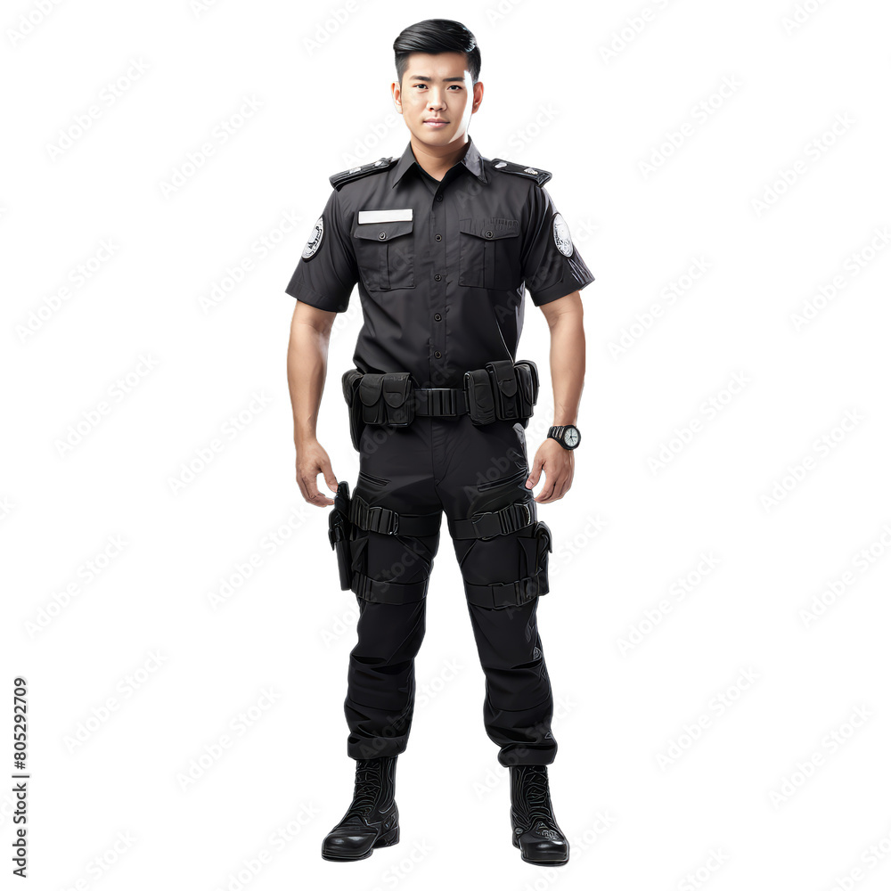 Full body asian policeman standing and looking at camera isolated on transparent background, PNG file. Full body asian policeman standing and looking at camera isolated on transparent background, PNG file.