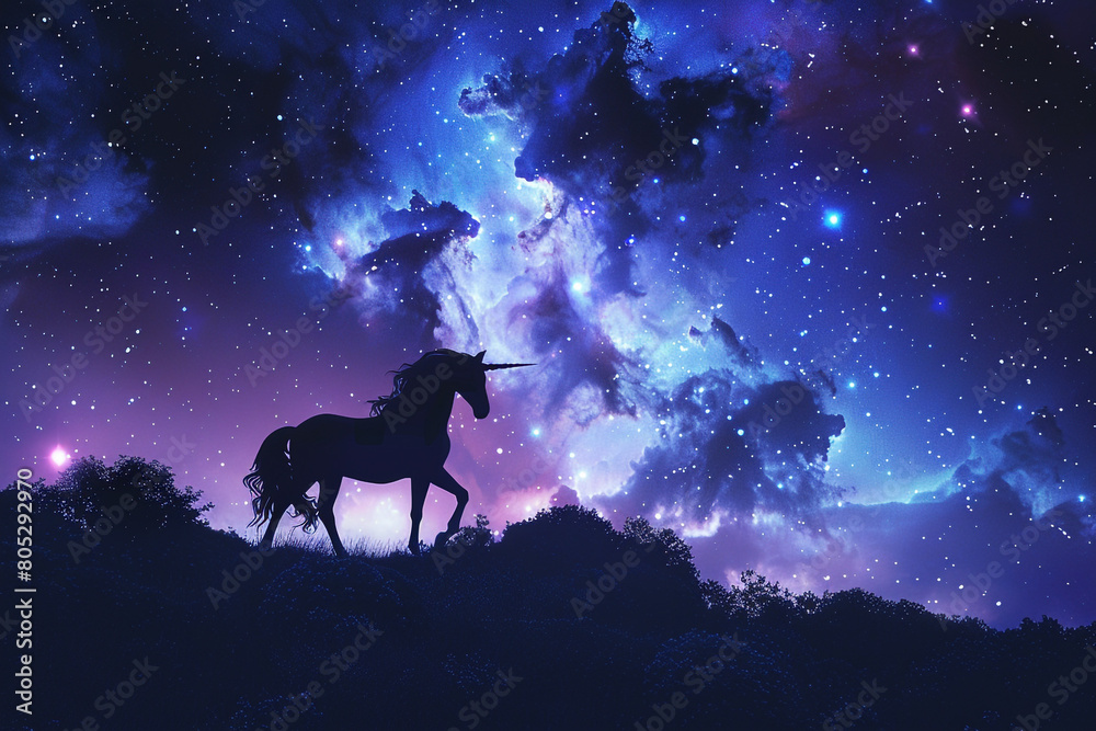 Twilight scene with a unicorn silhouette against a nebula backdrop merging day and night Twilight scene with a unicorn silhouette against a nebula backdrop merging day and night