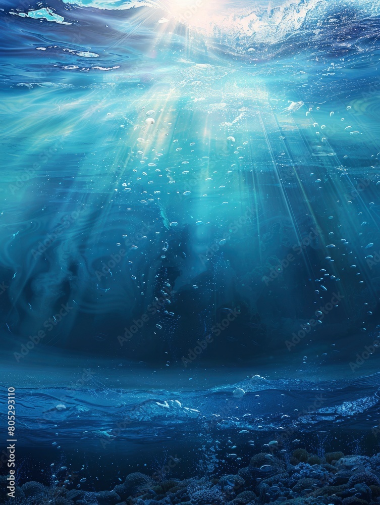 ocean blue underwater waves with sun beam clear view realistic, world oceans day poster and copy space - generative ai