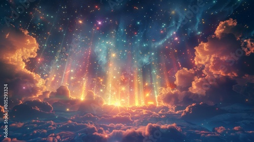A colorful sky with clouds and stars
