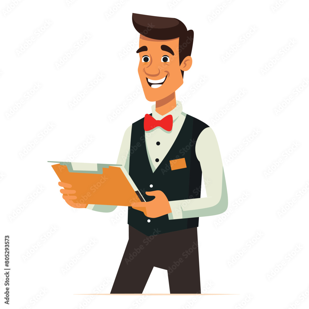 Waiter smiling holding menu ready take order. Young male server dressed formally vest bow tie pad orders. Cartoon character hospitality industry happy worker presenting menu