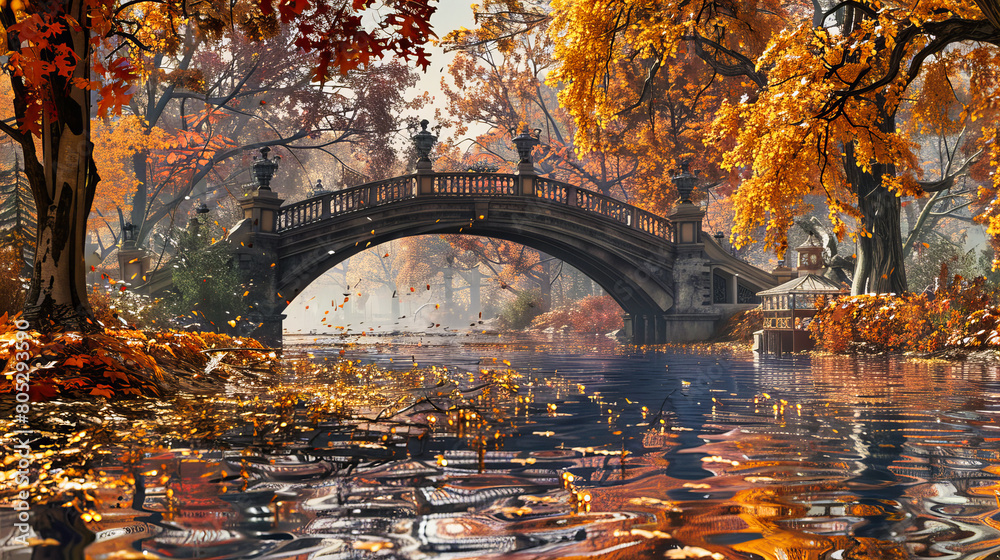 Picturesque autumn scene with a bridge over a reflective pond, colorful foliage enhancing the parks beauty Picturesque autumn scene with a bridge over a reflective pond, colorful foliage enhancing the parks beauty