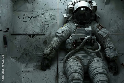 A lone astronaut on a deserted space station, captured in the style of street photography.