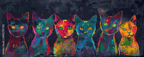 A vibrant, multicolored illustration of stylized cats in profile, with intricate abstract patterns and designs