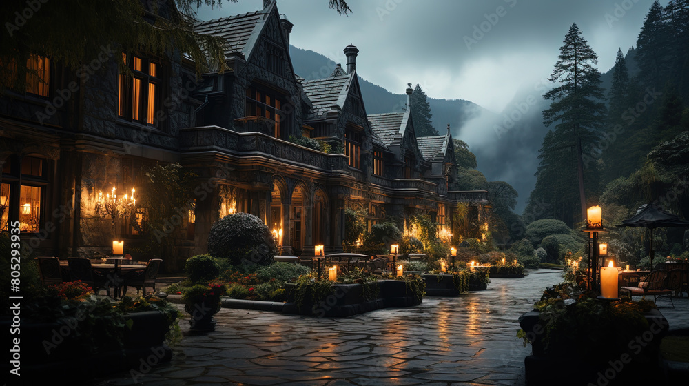 Fototapeta premium A Hotel in A Mountain Environment with Trees Surrounding it in the Style Of Ornate Details Landscape Background