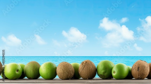 mangoes green coconut background In the second photo photo