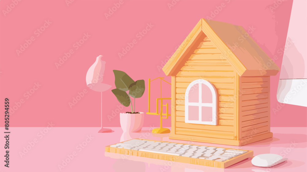 Wooden house with computer keyboard and diagrams 