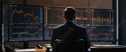 businessman buying stocks with a mesmerizing depiction, their back presented in a half-turn, wearing suits in an office, seated in front of a commanding monitor, engrossed in the process photo