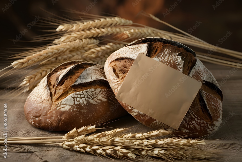 Artisan bread with blank package in rustic setting, warm and inviting ambiance