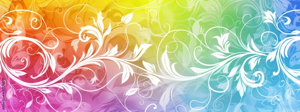 A rainbow gradient background with swirling white floral patterns, creating an elegant and colorful design in the style of nature. A rainbow gradient background with swirling white floral patterns, creating an elegant and colorful design in the style of nature.