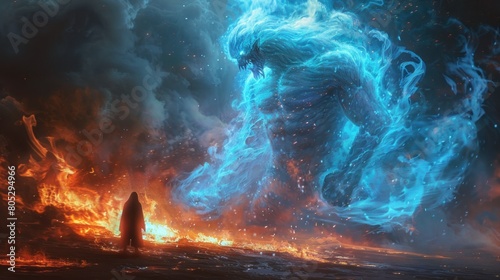 A digital painting of an epic scene featuring a powerful mage standing before his huge orc guardian made of blue and orange flames with stunning lighting.
