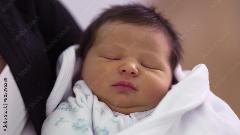 Newborn baby infant close-up face asleep held in arms, first days of life Newborn baby infant close-up face asleep held in arms, first days of life