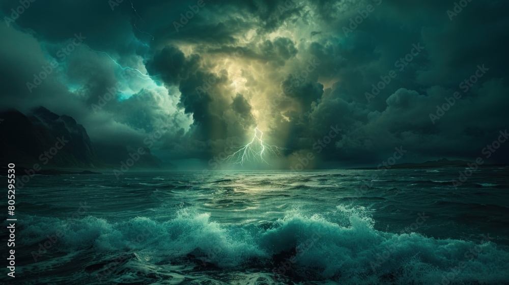 a landscape in the style of studio depicting a bright lightning bolt against a dark sky. the ocean rages below