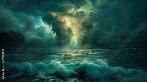 a landscape in the style of studio depicting a bright lightning bolt against a dark sky. the ocean rages below © เลิศลักษณ์ ทิพชัย