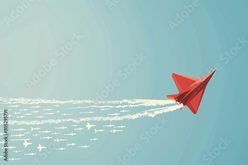 Vector of a bold red paper plane casting a fighter jet shadow  leading a V-formation of white planes against a clear sky 