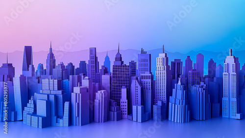 A stylized cityscape illustration bathed in gradient shades of blue and purple  creating a vibrant and modern urban skyline.