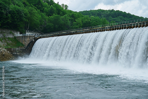 Vertical image of water cascading down a dam, a study in contrasts human control and the wildness of nature 