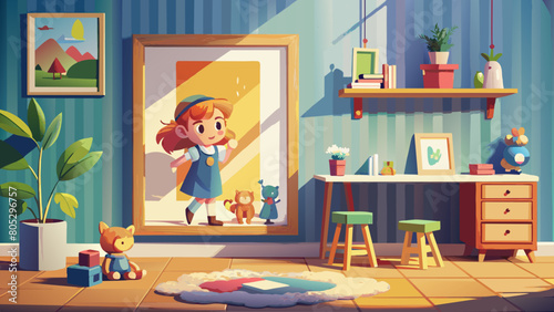 lovely child waving to himself in his room