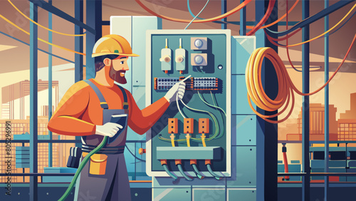 professional electrician man works in a switchboard