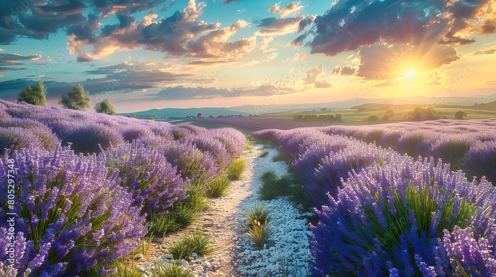 Obraz premium Picturesque lavender field at sunset in Provence, the rows of purple flowers bathed in soft evening light