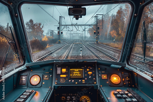 View from inside a drivers cabin of a heavy freight train, rails stretching out, embodying the backbone of industrial logistics 