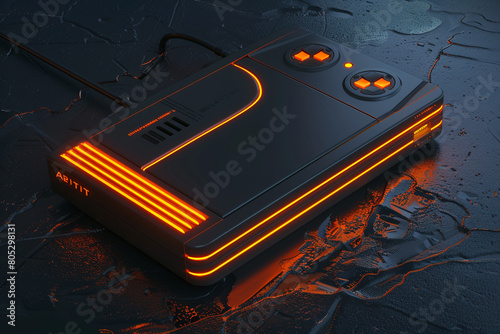 Vintage Atari console with 3D clean neon accents a tribute to the dawn of gaming  photo