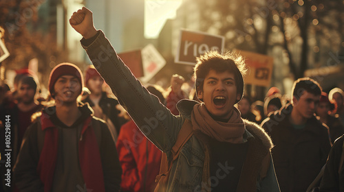 Powerful campus protest photo. Diverse crowd rallies for change. sunset background. © Dinusha
