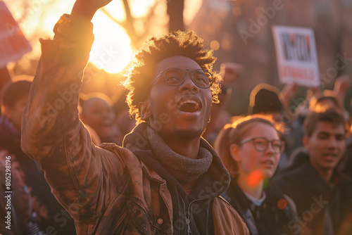  Powerful campus protest photo. Diverse crowd rallies for change. sunset background. © Dinusha