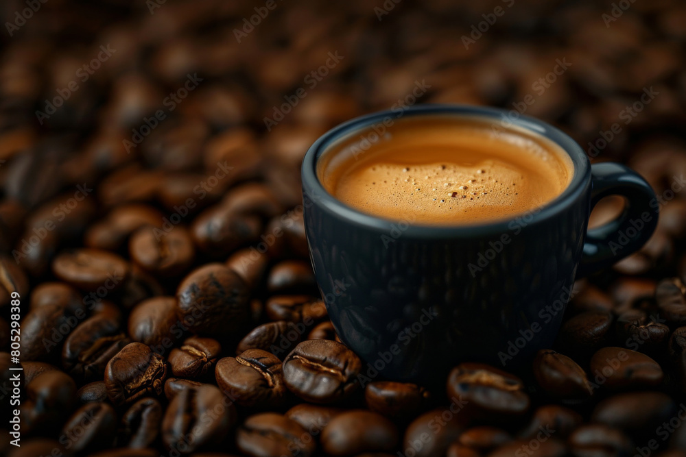 Fototapeta premium Close-up image of a blue cup filled with freshly brewed espresso, nestled amongst roasted coffee beans, capturing the essence of a rich and energizing coffee experience