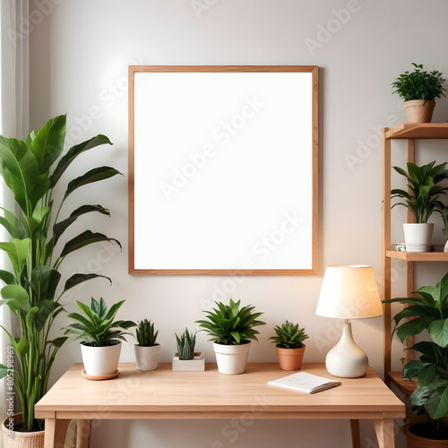 Wooden square poster frame mockup in airy, plant-filled, nature-inspired home interior background, 3d render