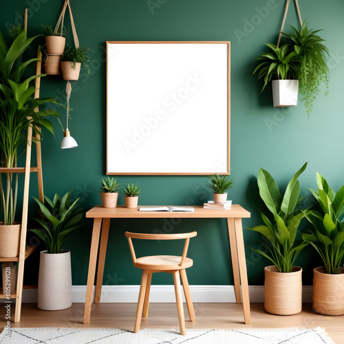 Wooden square poster frame mockup in nature-inspired home interior background, 3d render
