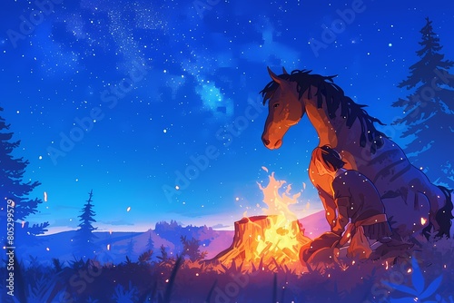 cartoon horse lighting a campfire at night