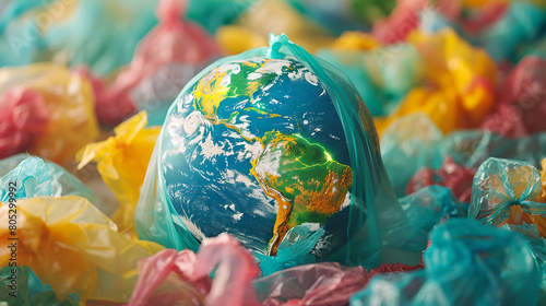 World Plastic bag free day concept Globe in the wast polythene and plastic garbage photo
