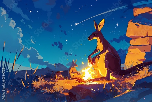 Cartoon kangaroo lights a campfire at night photo