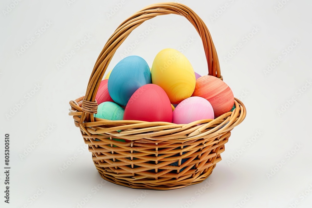Easter basket filled with colorful eggs on a white background
