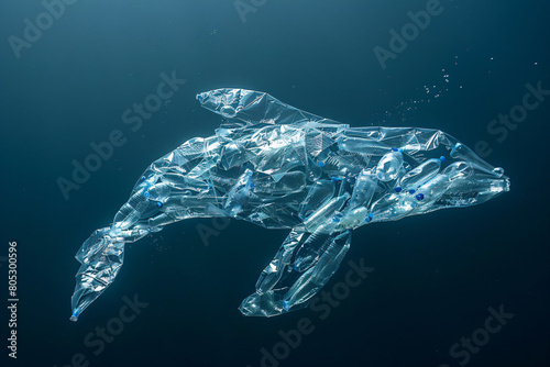 Whale constructed from discarded plastic bottles in ocean waters. Striking visual art highlighting the impact of ocean pollution. Effective for environmental awareness and marine conservation campaign