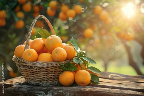 Freshly picked oranges in basket on wooden table in grove.