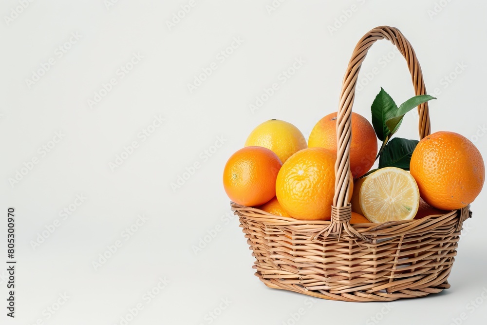 citrus fruits in basket on white background